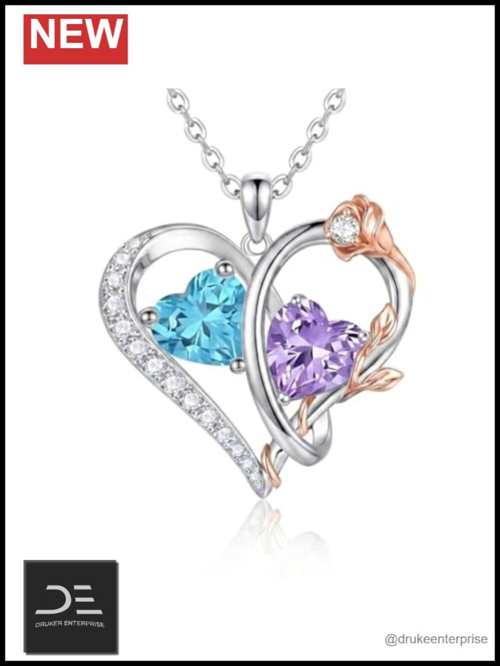 18K White Gold Plated Heart Birthstone Necklace - Rose Detail - Gift